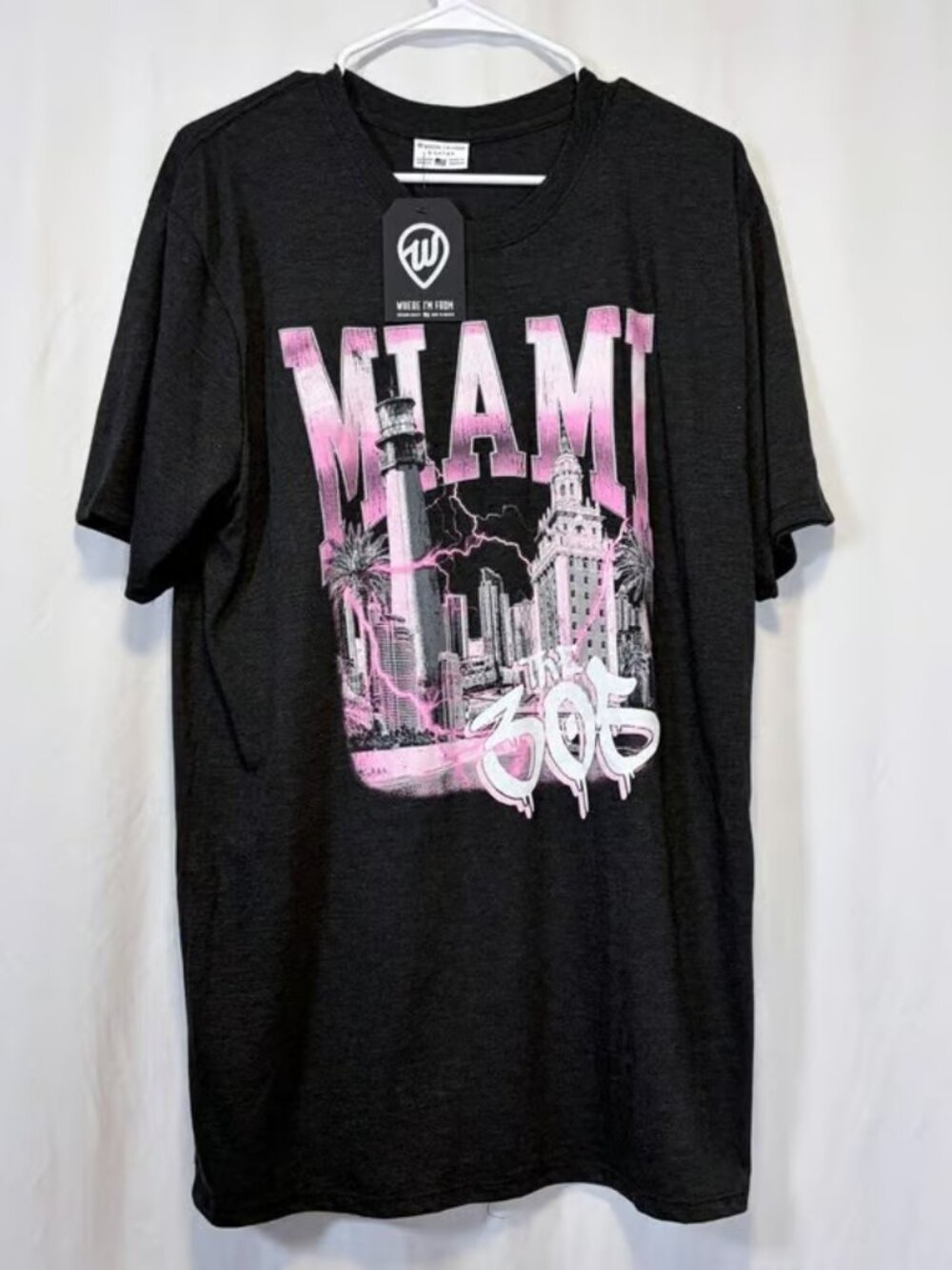 Where I'm From Miami The 305 T-Shirt Charcoal Gray Pink Graphic XL